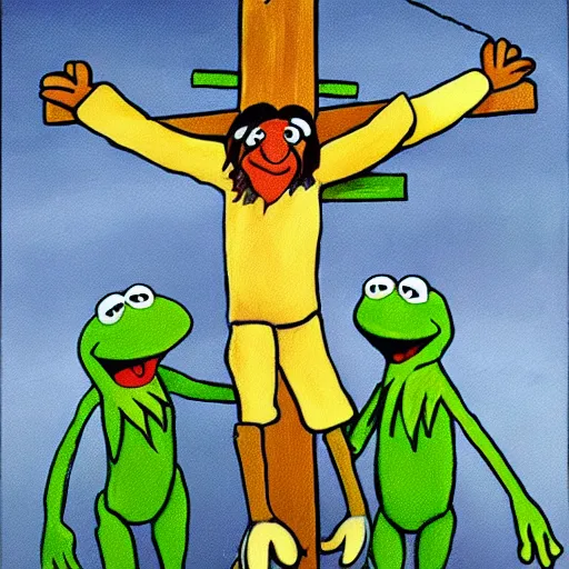 Image similar to Painting of Kermit the Frog from Sesame Street as Jesus Christ being crucified