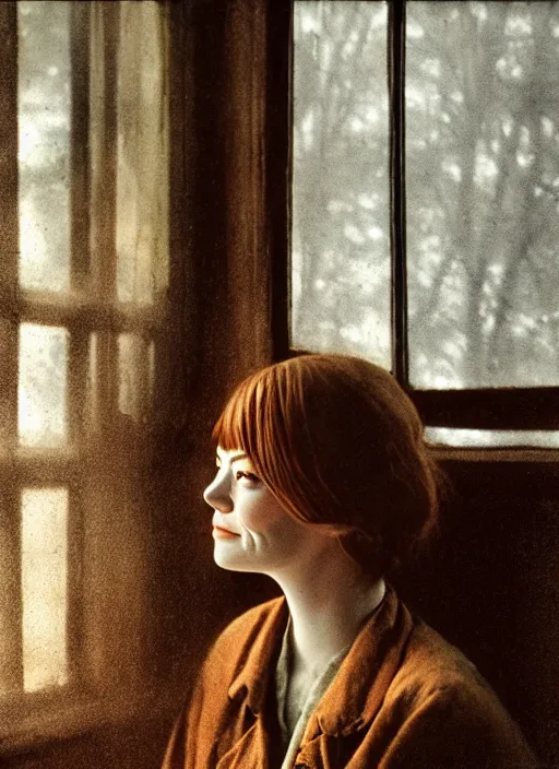 Image similar to portrait bust of emma stone petting a dog, solemn expression, faded color film, russian cinema, tarkovsky, kodachrome, old cabin, next to window, heavy forest outside, long brown hair, old clothing, heavy fog, hudson river school, 4 k, dramatic lighting, greg rutkowski