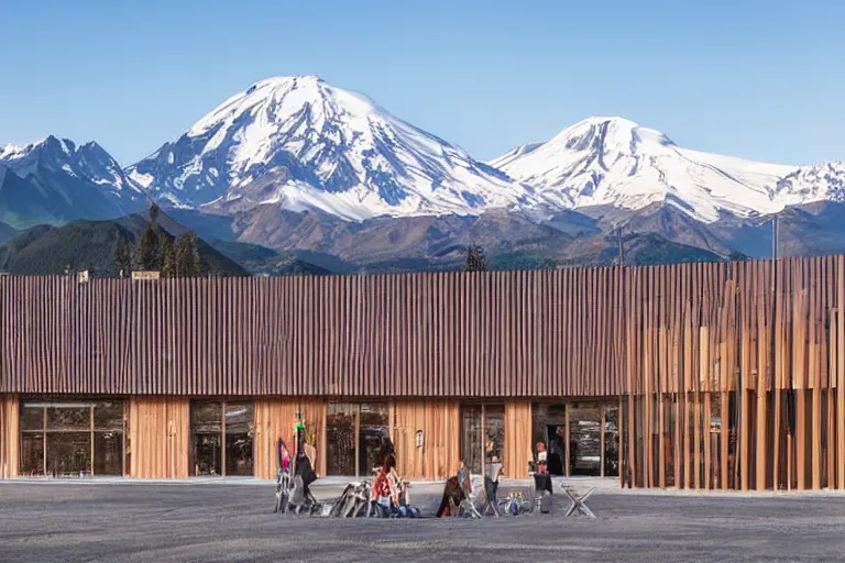 Image similar to architecture photo modern fachwerk wooden school with Elbrus mountain on the background, architecture, photorealism 8k , shining and happy atmosphere, uplight, high details