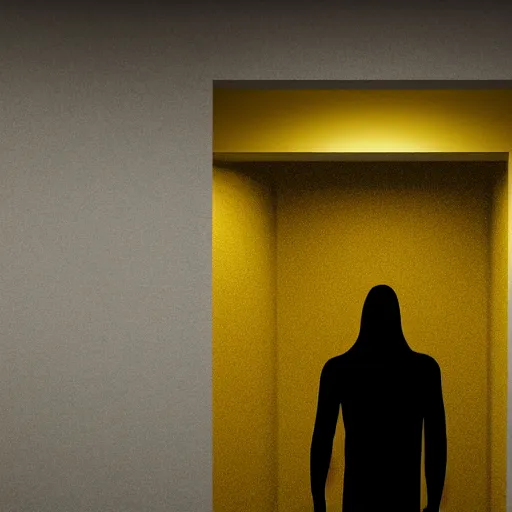 Image similar to a tall black skinny, intelligent and menacing monster is roaring from behind a wall in a cramped empty liminal office hallway with dull yellow wallpaper and old moist yellow carpet, tilted frame, intricate, fluorescent lighting lit from above, ultra 4 k, intricate, realistic