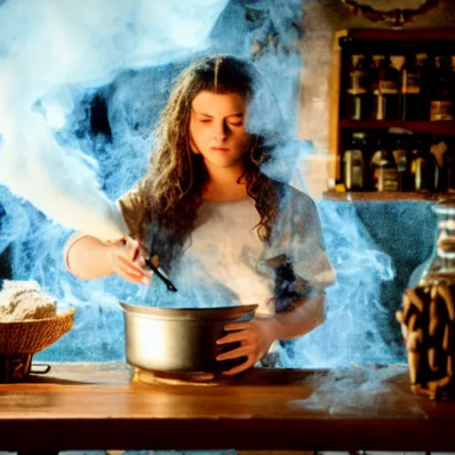 Prompt: teen witch mixing a spell in a cauldron, wispy smoke, studio lighting, a tabby cat watches her work, light is coming out of the cauldron, ingredients on the table, apothecary shelves in the background