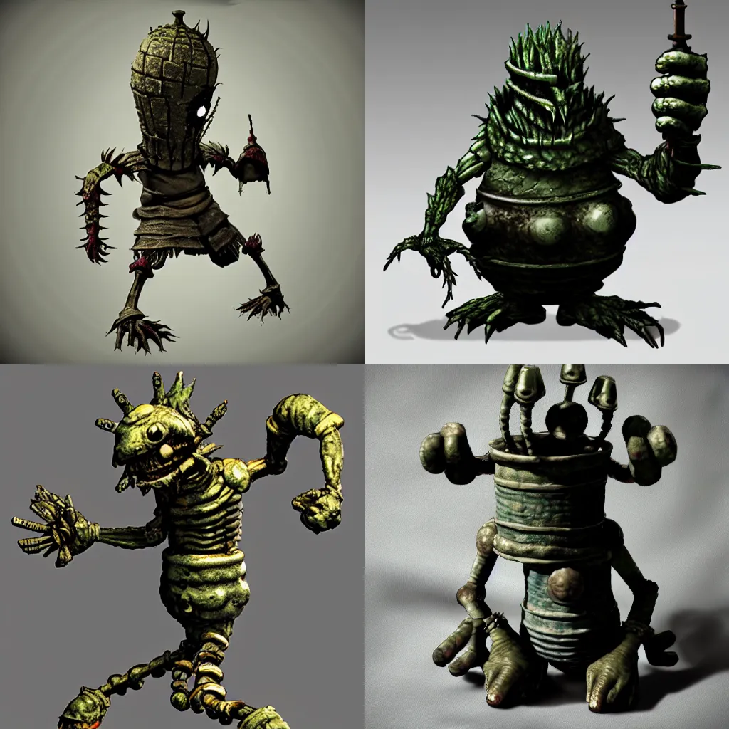 Prompt: pot with arms and legs, in the style of dark souls