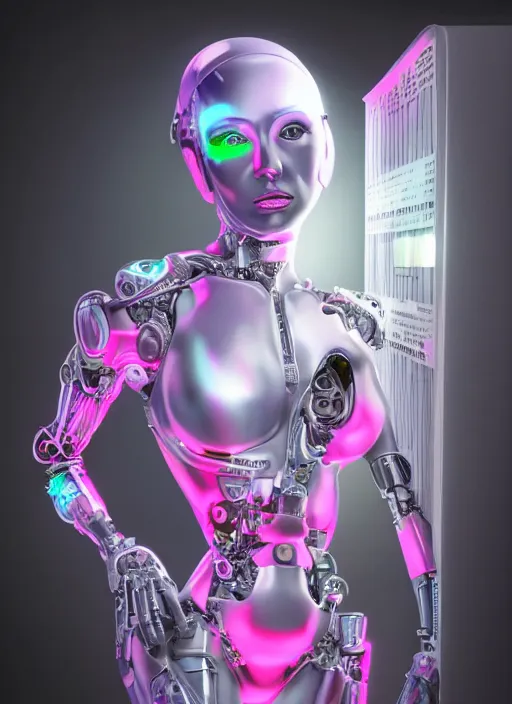 Image similar to photorealistic detailed full body picture of a female cyborg, pretty face with arms and legs, glamour pose, neon lights, white suit, humanoid, extreme, uhdr, book called the most influental cyborg in 2 0 5 0, fine details, highly detailed, intricate, smooth sharp focus