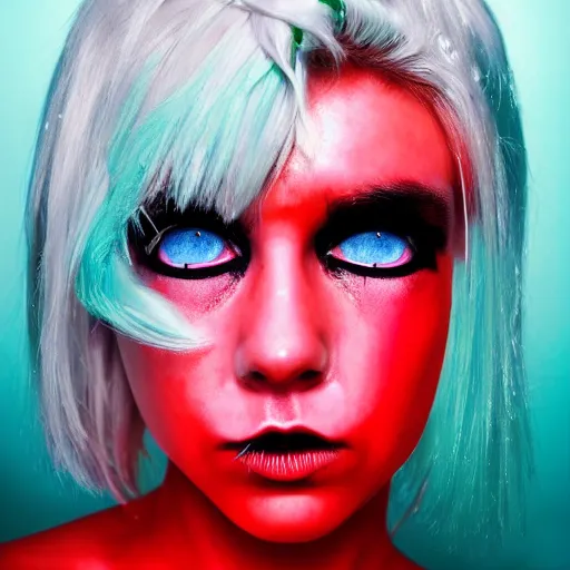 Prompt: neon photo of a robo girl with milky white hair and red eyes by martin schoeller created at future in 4 k ultra high resolution and with close - up, with funny feeling