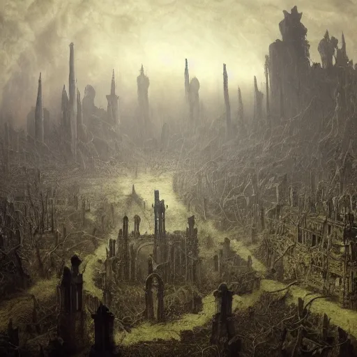 Prompt: an ominous nightmare of a river of blood spreading death and tarnation over a tarninshed graveyard in ruins, gothic, castelvania, decay and destruction, by stephen gammel, franz sedlacek, gustave dore, fromsoftware, matte painting, super wide angle, aerial photography, trending on artstation, epic masterpiece,