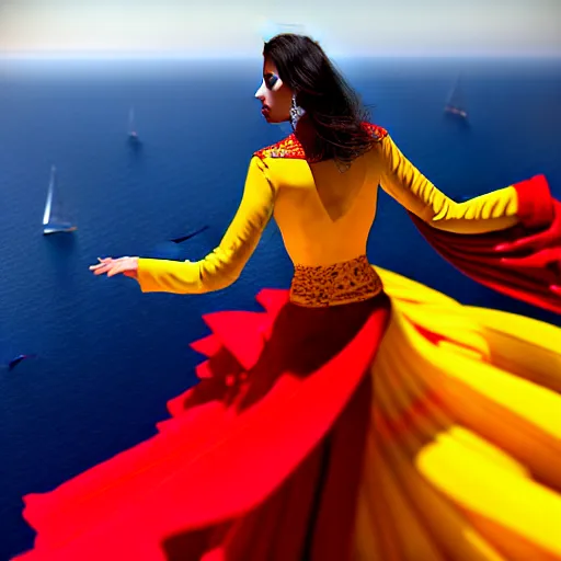 Image similar to beautiful flamenco dancer wearing a red and yellow swirling dress, standing on a Santorini terrace looking down into the ocean, trending on Artstation, cinematic