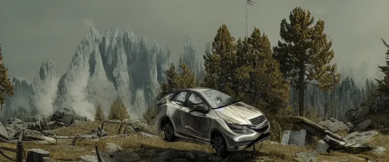 Prompt: White Honda Civic 2017 Hatchback Sports, an epic fantasy, dramatic lighting, cinematic, establishing shot, extremely high detail, photorealistic, cinematic lighting, artstation, by simon stalenhag, The Elder Scrolls V: Skyrim, Whiterun Hold, Burning wooden nordic Dragonsreach castle in the distance, Battle for Whiterun city, Stormcloaks vs Imperials, Swarms of Stormcloaks and Imperials fighting eachother, Intense fighting, Whiterun city burning, Skyrim Civil War, High casualties, blood and dead soldiers, aftermath of a huge battle, corpses and bodies all over the place