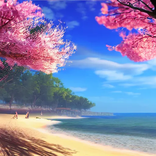 Image similar to very beautiful beach landscape with sakura trees, unreal engine