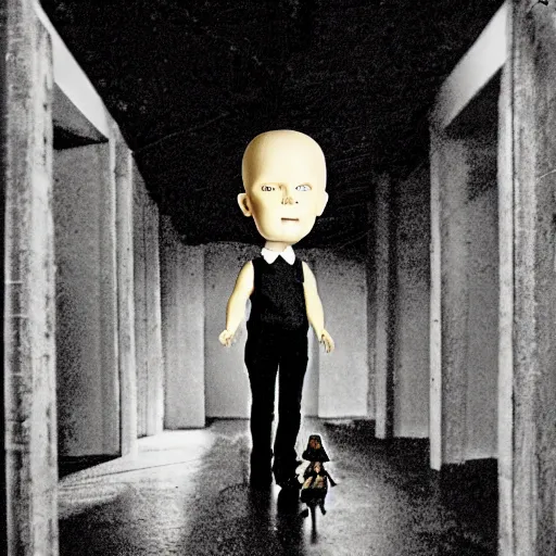 Image similar to dark attic with the man with a doll head