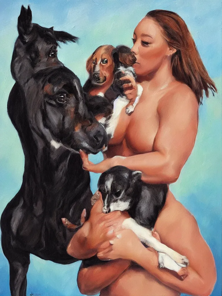 Image similar to “A beautiful oil painting of Megan-the-stallion holding a small dog with Dwayne Johnson’s head, trending on art station, digital art”