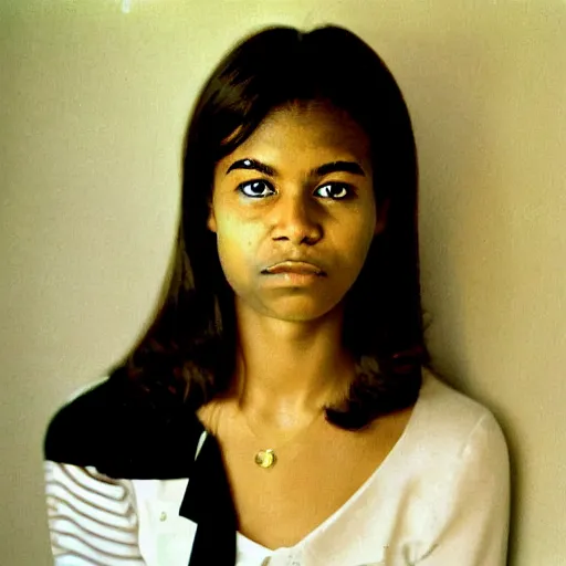 Image similar to a portrait photo of 20 year old female obama, with a sad expression, looking forward