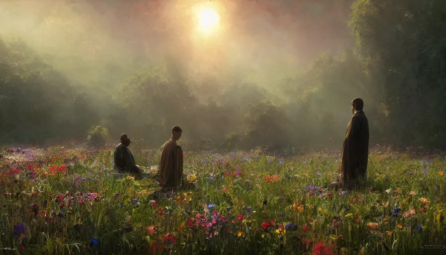 Prompt: craig mullins a man in robes kneels and prays in a field of flowers, the sun's holy light shines down upon him, colorful, solarpunk, unreal engine, hyper realism, realistic shading, cinematic composition, realistic render, octane render, detailed textures, photorealistic, wide shot