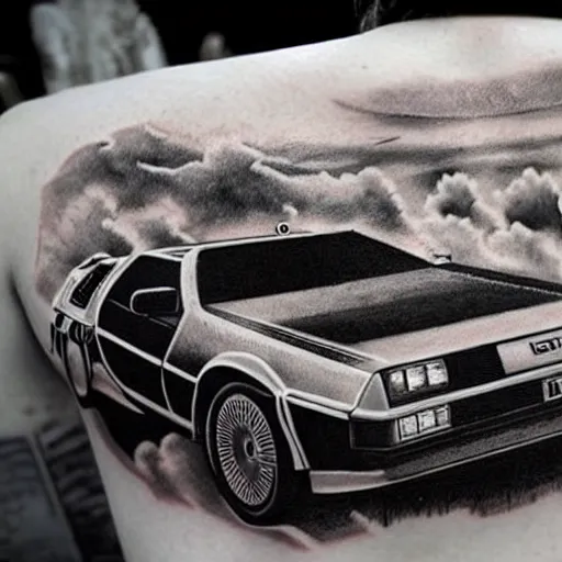 Image similar to a tatoo of delorean from back to the future,