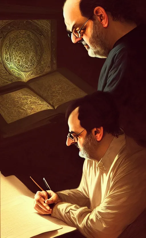 Prompt: portrait of salman rushdie writing in the dark, deep focus, d & d, fantasy, intricate, elegant, highly detailed, digital painting, artstation, concept art, matte, sharp focus, illustration, art by artgerm and greg rutkowski and alphonse mucha