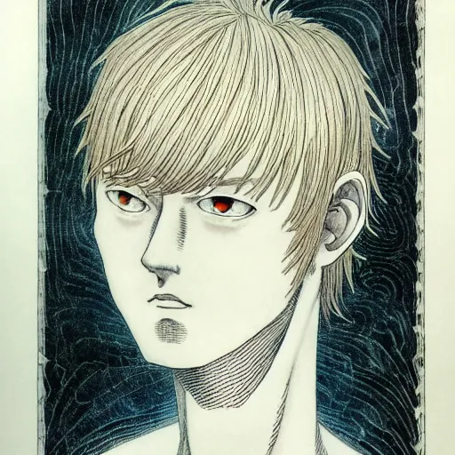 Prompt: prompt: Fragile looking vessel portrait face drawn by Katsuhiro Otomo, inspired by William Blake, magical and alchemical objects on the side, soft light, white background, intricate detail, intricate ink painting detail, sharp high detail, manga and anime 2000