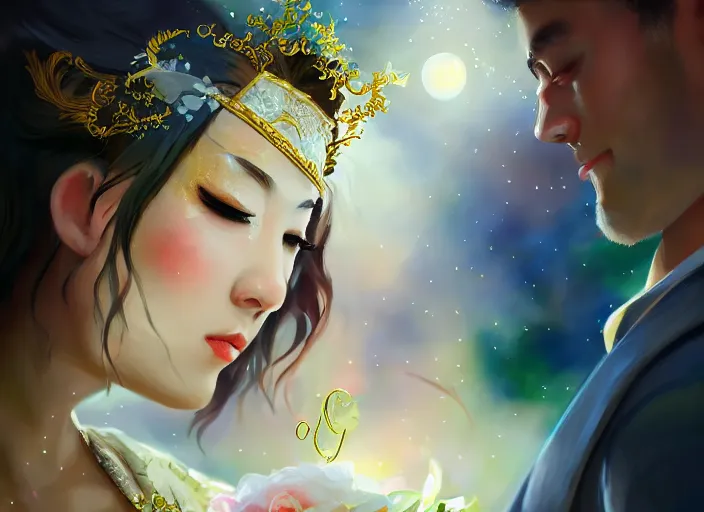 Image similar to a cinematic portrait of wedding photograph jpeg close up moment of a divine a japan sun god and moon goddess lovers magician at a wedding banquet. portraiture. digital painting. artstation. concept art. wedding photo. digital painting. iolet evergarden art masterpiece by art by krenz cushart