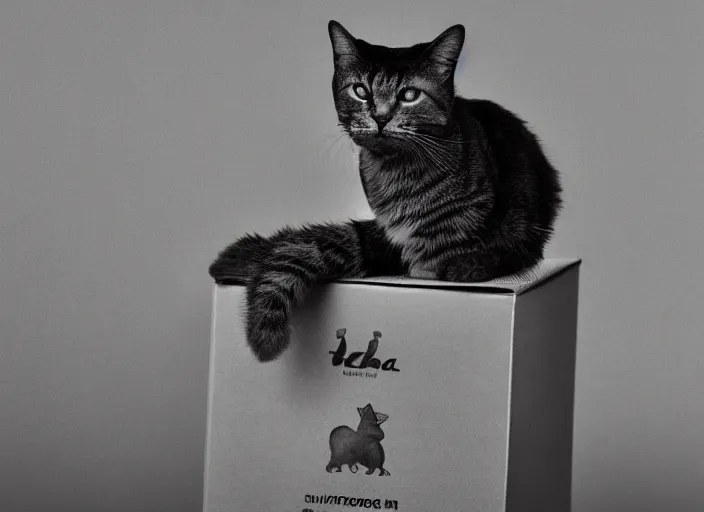 Image similar to photography of a Cat sitting on a box. in a room full of posters, photorealistic, raining award winning photo, 100mm, sharp, high res