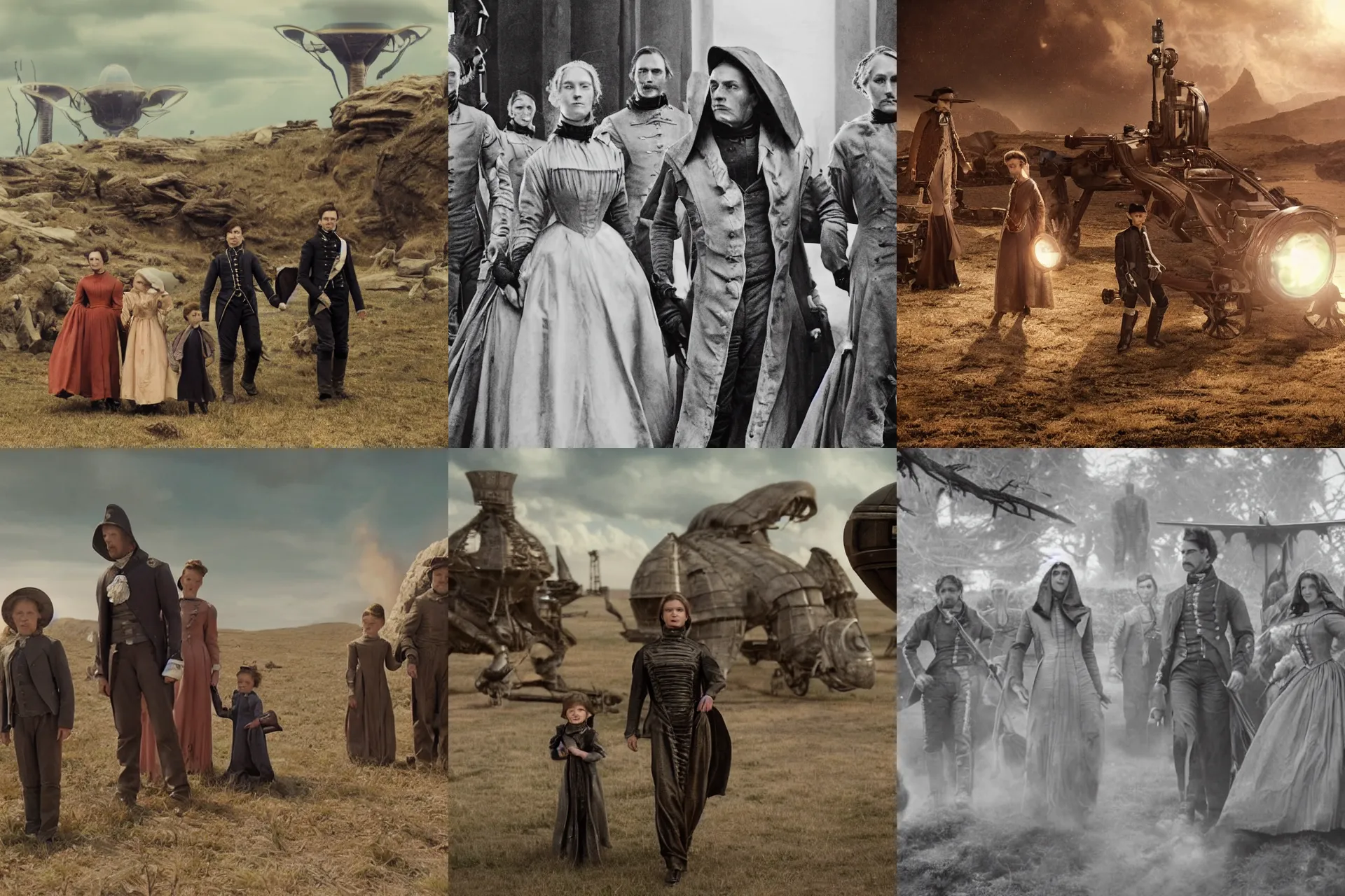 Prompt: sharp, film still from a sci fi blockbuster movie made in 2022, set in 1860, of a family leaving a spaceship, that has just landed on an alien planet, wearing 1850s era clothes, good lighting, 4k, HD, in focus faces, detailed faces, oscar winner, high quality photography, 35mm macro lens