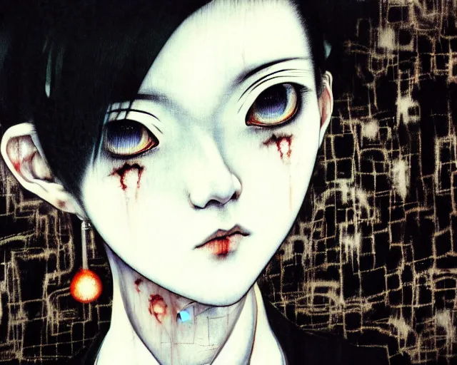 Image similar to yoshitaka amano blurred and dreamy realistic three quarter angle horror portrait of a sinister young woman with short hair, big earrings and white eyes wearing office suit with tie, black and white junji ito abstract patterns in the background, satoshi kon anime, noisy film grain effect, highly detailed, renaissance oil painting, weird portrait angle, blurred lost edges