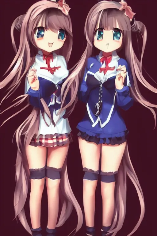 Image similar to two beautiful female idols with twintails standing chest to chest, dark background, soft anime art