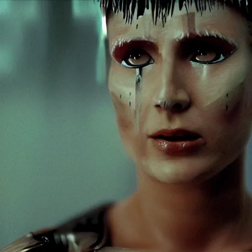 Image similar to cinematic portrait of a runaway cyborg with tribal facepaint in an empty room, still from the movie bladerunner