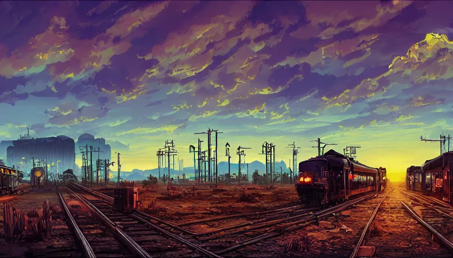 Prompt: train station roadside old west saloon cyber punk cactus graveyard sunset sky clouds illustration by syd mead artstation 4 k 8 k graphic novel concept art matte painting