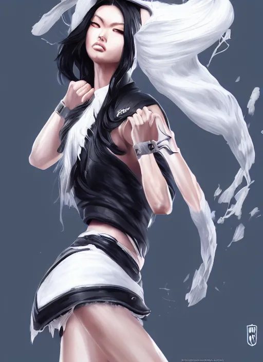 Image similar to a highly detailed illustration of fierce tall amazon messy ponytail black haired one armed delinquent japanese woman wearing uniform white cap wearing long white jacket with cape, muscular, intricate, elegant, highly detailed, centered, digital painting, artstation, concept art, smooth, sharp focus, league of legends concept art, wlop.