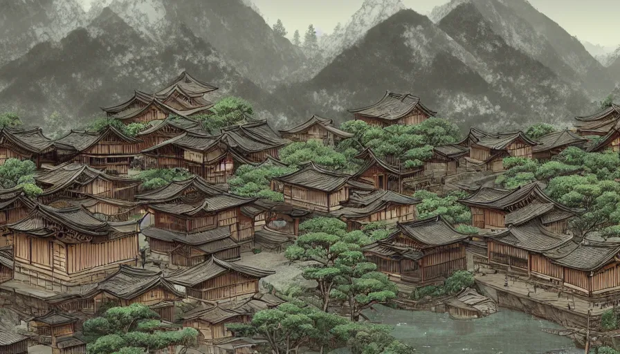 Prompt: old japanese village built near mountains, river, wooden rustic houses, manga, hyperdetailed, artstation, cgsociety, 8 k