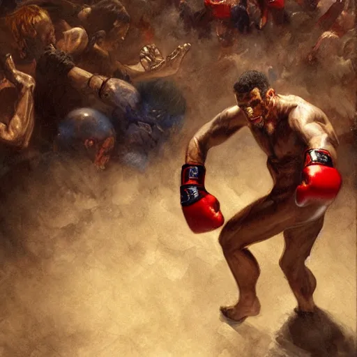 Image similar to a beautiful painting the grim reaoer fist - fighting satan in a boxing ring, rendered art, highly detailed painting by gaston bussiere, craig mullins, j. c. leyendecker 8 k, trending on artstation, art, fighting, watercolor