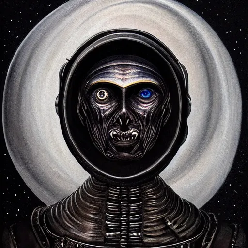 Image similar to beautiful painting of the victorian face of the moon with a solemn expression in the style of Welder Wings and H. R. Giger. Dark background, detailed, trending on Artstation
