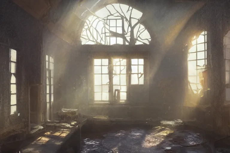 Prompt: the interior of an old abandoned house, a small pond with koi fish in the center of the house. golden rays of sunlight enter through the window., digital art, trending on artstation, matte painting, concept art, drawn by greg rutkowski, inspired by johannes vermeer, cold colors