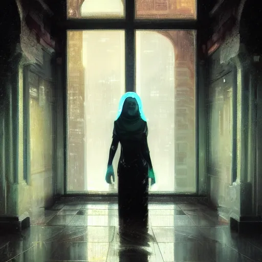 Image similar to detailed face of a woman, moment, courtyard, capital, cyberpunk mosque interior, control panel, watcher, omniscient, tech noir, wet reflections, neon, atmospheric, ambient, speed painting, livia prima, greg rutkowski, edward hopper