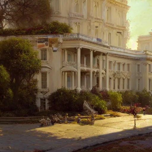 Image similar to detailed cinematic wide shot of the white house that is existing far in the future where humans evolved to be solarpunk, ultra realistic, spring light, painting by gaston bussiere, craig mullins, j. c. leyendecker