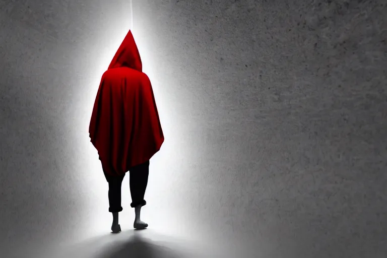 Prompt: mysterious hooded figure in cloak walking towards a red big pyramid in black space, night, global illumination, hip angle, hyper - realistic, cinematic 8 k