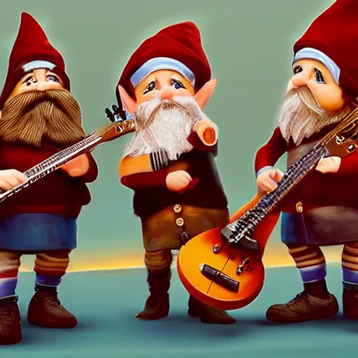 Prompt: gnomes playing in a band, musical instruments,