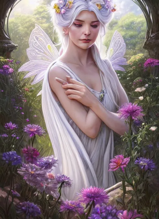 Prompt: a beautiful white haired woman as a fairy princess in a garden holding a bunch of wild flowers, deep focus, d & d, fantasy, intricate, elegant, highly detailed, digital painting, artstation, concept art, matte, sharp focus, illustration, hearthstone, art by artgerm and greg rutkowski and alphonse mucha