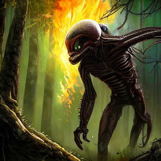 Prompt: alien from the movie alien battling predator in a forest landscape with fires, highly detailed, 4 k, digital painting, smooth