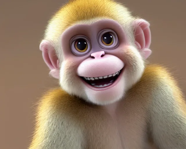 Prompt: 3D Pixar movie animation render of the cutest little fluffy monkey capuchin with a tail with a big lovely grin smile sweet adorable cherub, octane render, pastel colors, soft clouds and soft gradient background