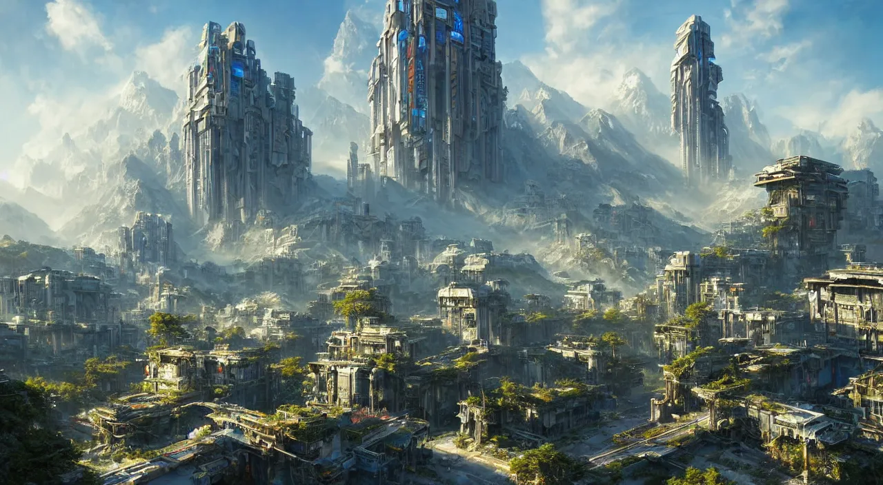 Prompt: futuristic cyberpunk city under kashmir mountains, hill valley grec greeble temple of olympus glory island little wood bridge painting of tower ivy plant in marble late afternoon light, wispy clouds in a blue sky, by frank lloyd wright and greg rutkowski and ruan jia