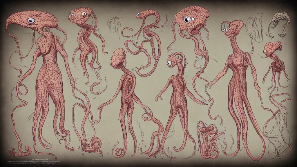 Image similar to aged paper, colorful character sheet for a stocky alien extraterrestrial female servant maid with thick snake - like tentacles instead of hair, long dress with apron, jim henson creature shop, coherent, illustration, digital art, trending on artstation, hd, 8 k, good lighting, beautiful, rough paper, masterpiece