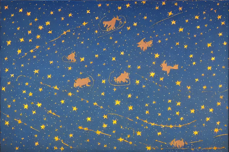 Prompt: hyper detailed night starry sky full of cats, by wayne thiebaud