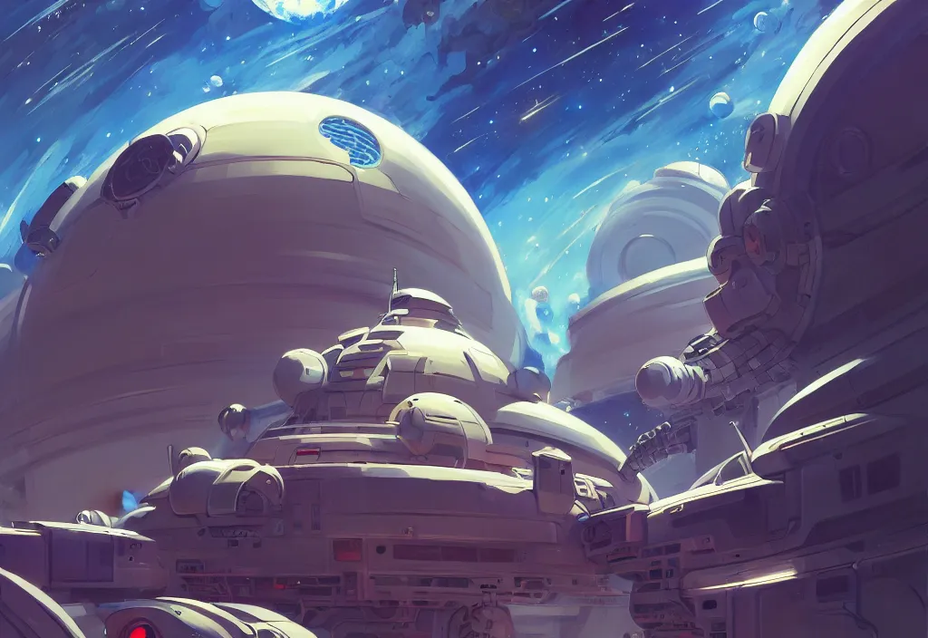 Image similar to a small chubby futuristic space station, intricate oil painting, high detail illustration, sharp high detail, manga and anime 1 9 9 9, official fanart behance hd artstation by jesper ejsing and makoto shinkai, 4 k,