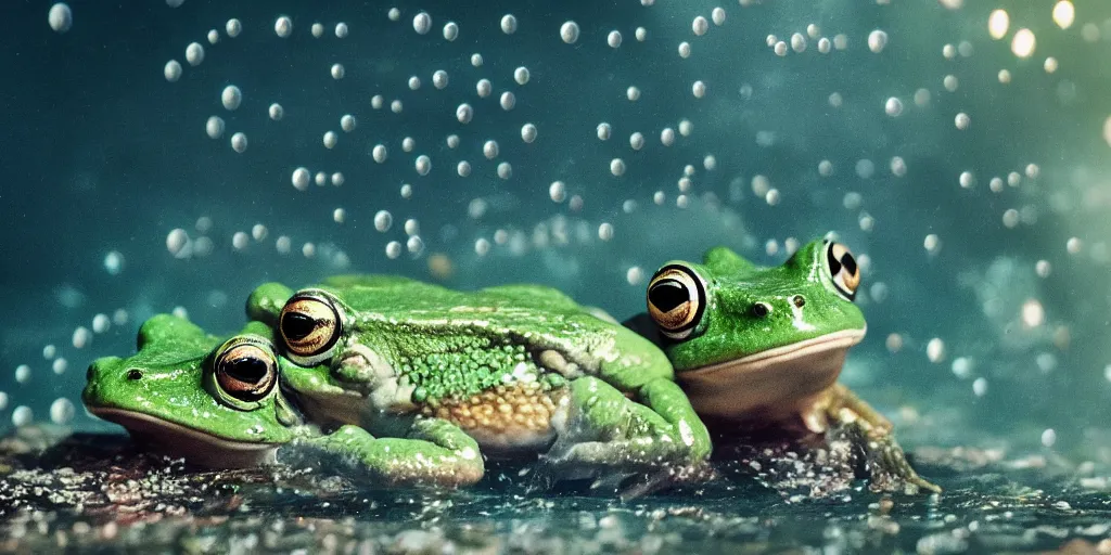 Prompt: a very intricately detailed underwater photo of a frogs cuddling. a lot of bubbles, diffracting the light. small curious fish in the background. extreme detail, artstation hq, 8 k