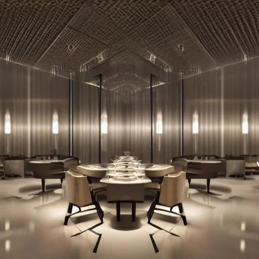 Image similar to modern high end designer restaurant at night in the foggy rain, lovers dining, symmetrical art deco office building with accent lighting, moody, epic composition, professional photograph, highly detailed, warm lighting interior, matte painting, large windows, dramatic lighting, unreal engine