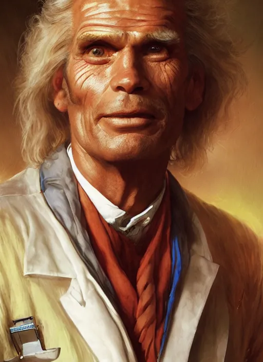 Prompt: formal portrait of surprised charlton heston as doc brown wearing a white lab coat, digital art by eugene de blaas, ross tran, and nasreddine dinet, vibrant color scheme, intricately detailed, in the style of romanticism, cinematic, artstation, greg rutkowski