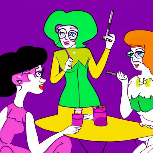 Image similar to photograph of grownup Powerpuff Girls smoking weed in a purple room