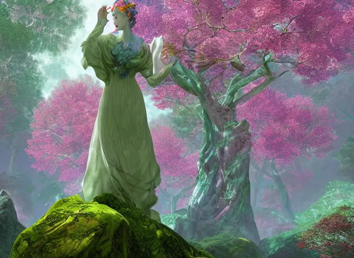 Prompt: an idealistic marble statue with fractal flowery hair and fair porcelain face and green eyes, in a magical forest, painted by, mc escher, gordon onslow ford, georgia o'keeffe and ivan aivazovsky, cinematic light, god rays, colourful, unreal engine, zbrush central,