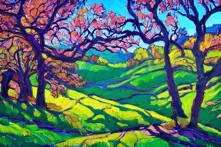 Image similar to masterpiece painting of oak trees on a hillside overlooking a creek, dramatic lighting, by erin hanson