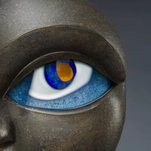 Prompt: medium - shot museum photo of ca 2 5 0 0 statue eye thick lapis lazuli beveled to hold the white limestone which forms the eye's sclera which is drilled to receive the black stone pupil, studio lighting, professional, promo,
