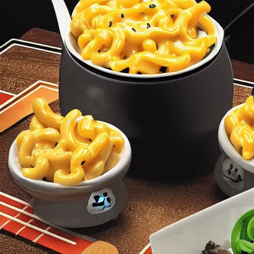 Image similar to a bowl made out of a cyborg android skull filled with delicious mac n' cheese. photograph from a restaurant menu.